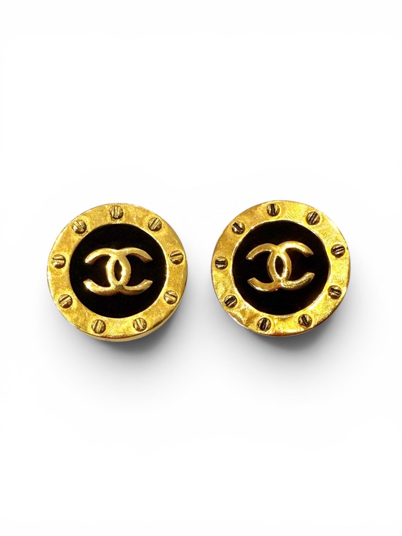Vintage Chanel Gold-Tone Black Enamel CC Logo Screw Border Clip-On Earrings