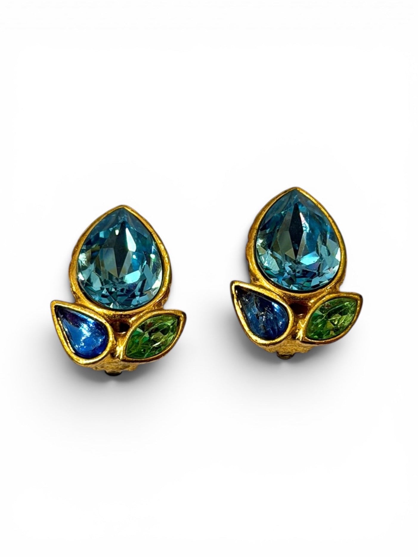 Vintage Yves Saint Laurent Gold-Tone Aquamarine & Multi-Stone Leaf Clip-On Earrings