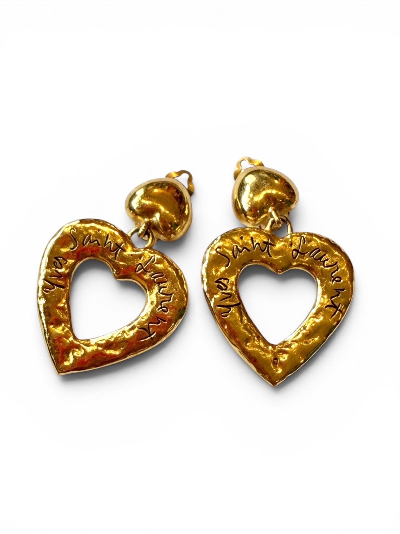 Vintage Yves Saint Laurent Gold-Tone Signature Heart Drop Clip-On Earrings