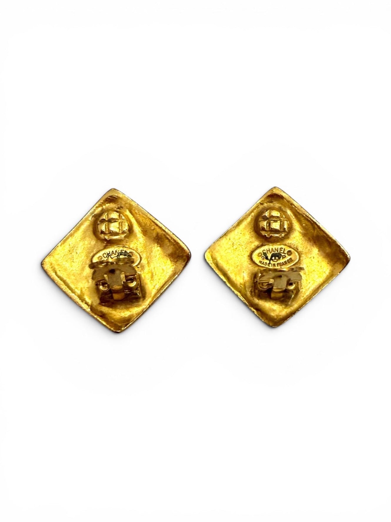 Vintage Chanel Gold-Tone Matte CC Logo Diamond-Shape Clip-On Earrings