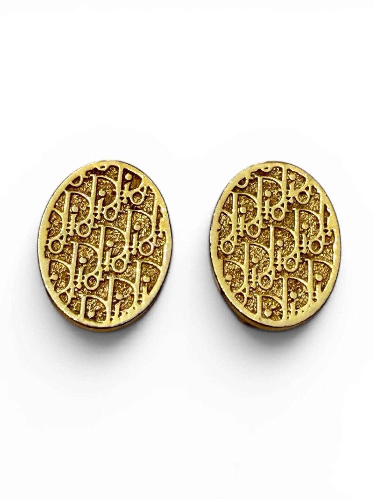Vintage Christian Dior Gold Oblique Monogram Oval Clip-On Earrings