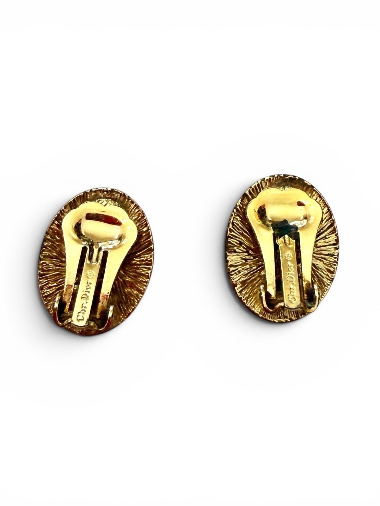 Vintage Christian Dior Gold Oblique Monogram Oval Clip-On Earrings