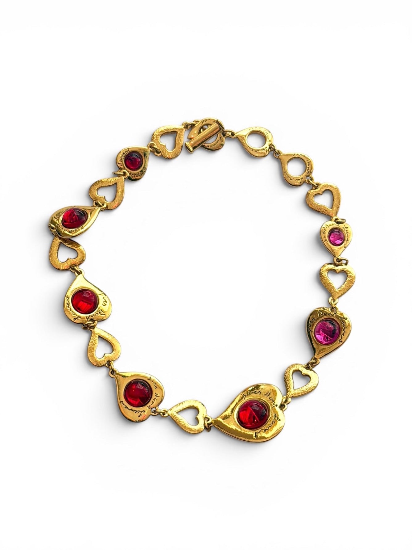 Vintage Yves Saint Laurent Gold-Tone Heart Link Red & Pink Cabochon Necklace
