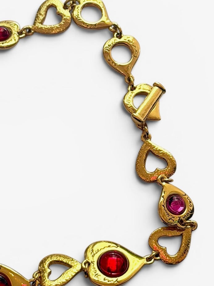 Vintage Yves Saint Laurent Gold-Tone Heart Link Red & Pink Cabochon Necklace