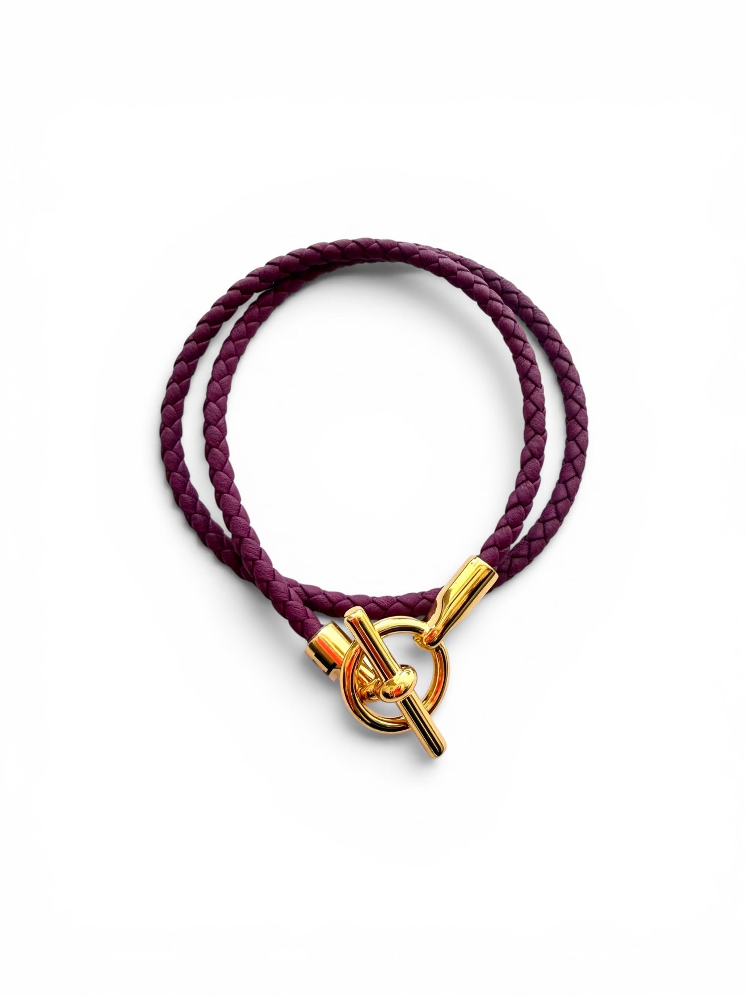 Vintage Hermès Purple Braided Leather Double Wrap Bracelet with Gold-Tone Toggle Clasp