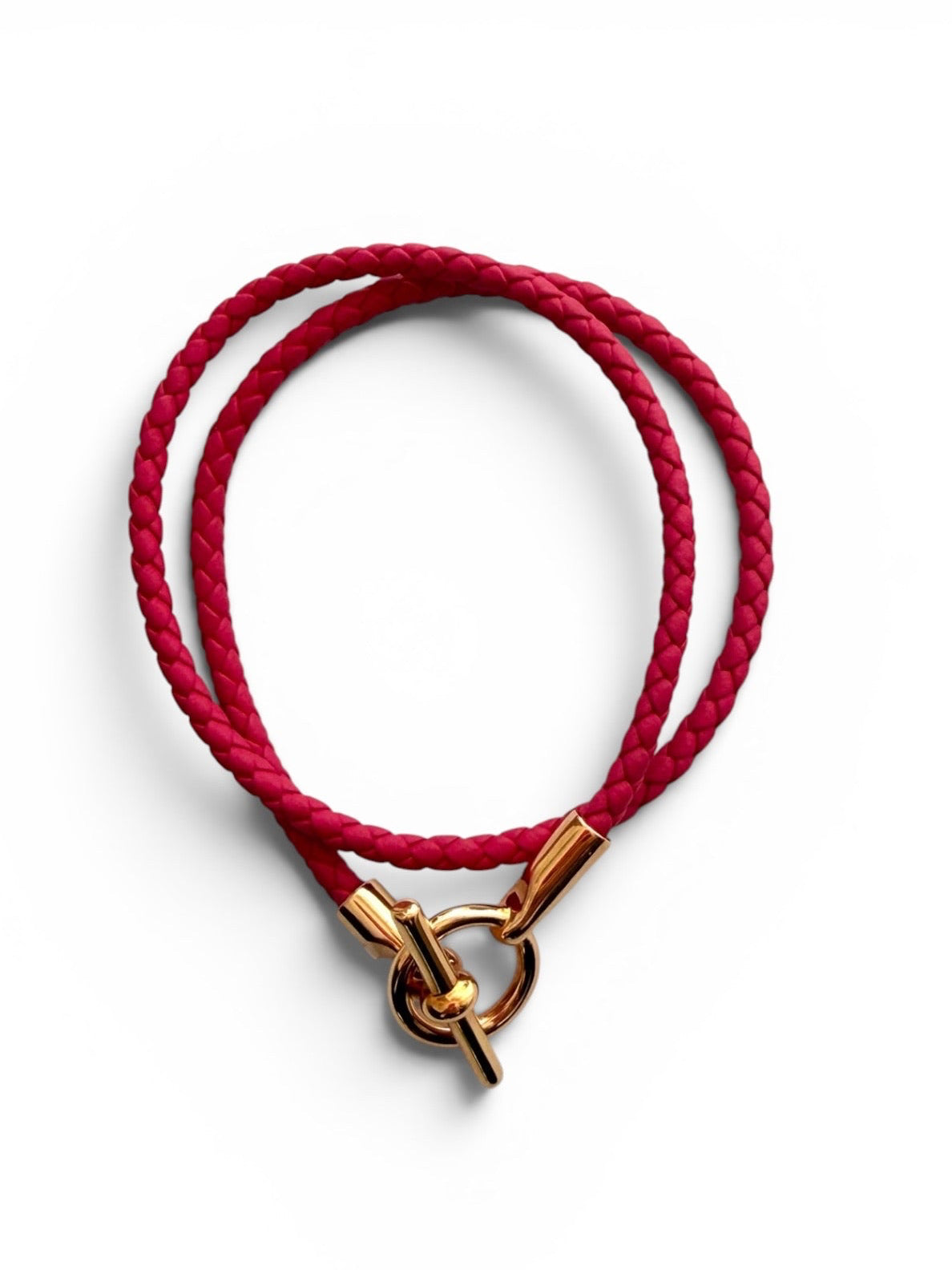 Vintage Hermès Fuchsia Braided Leather Double Wrap Bracelet with Gold-Tone Toggle Clasp