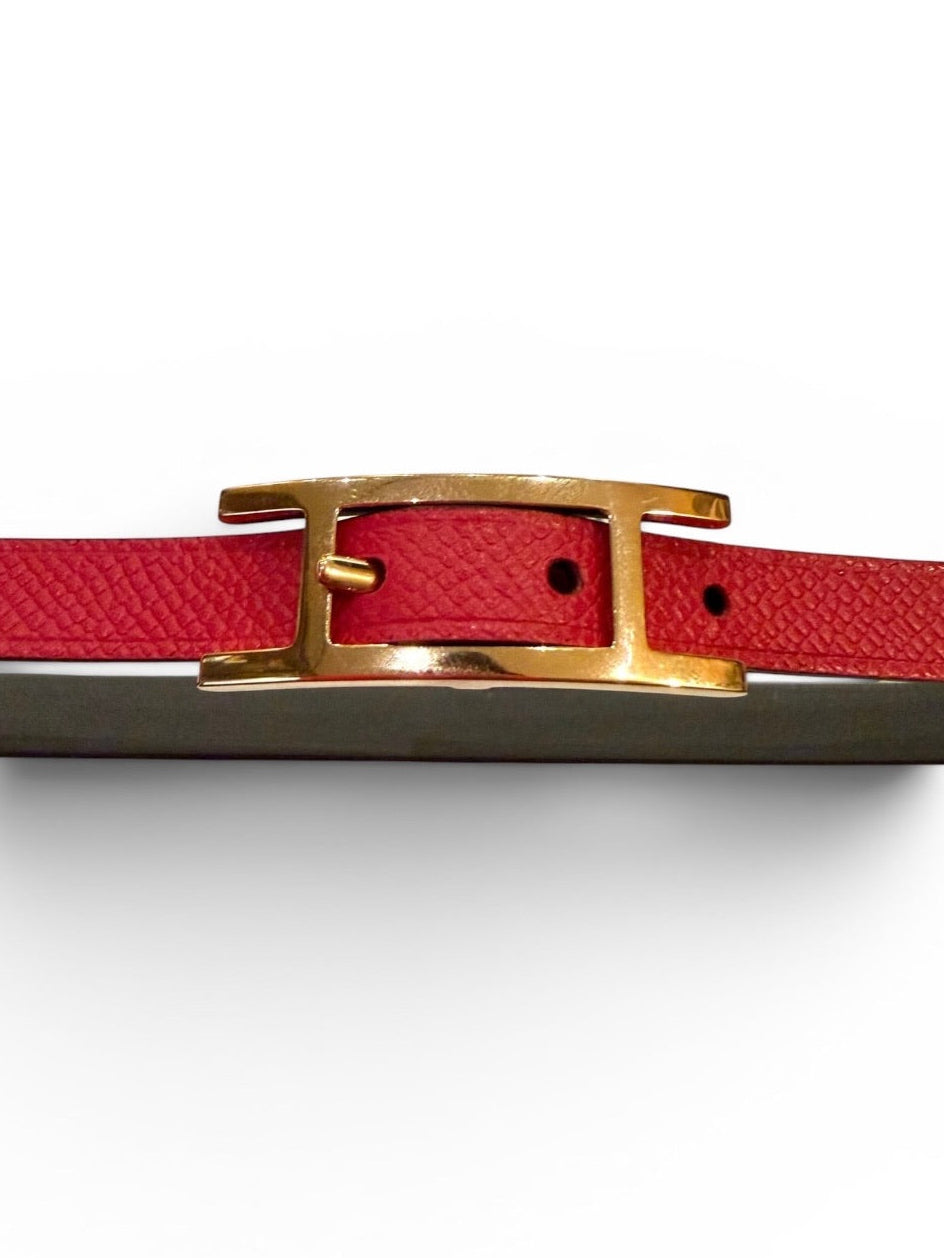 Hermès Hapi Red Epsom Leather Double Wrap Bracelet with Gold-Tone H Buckle