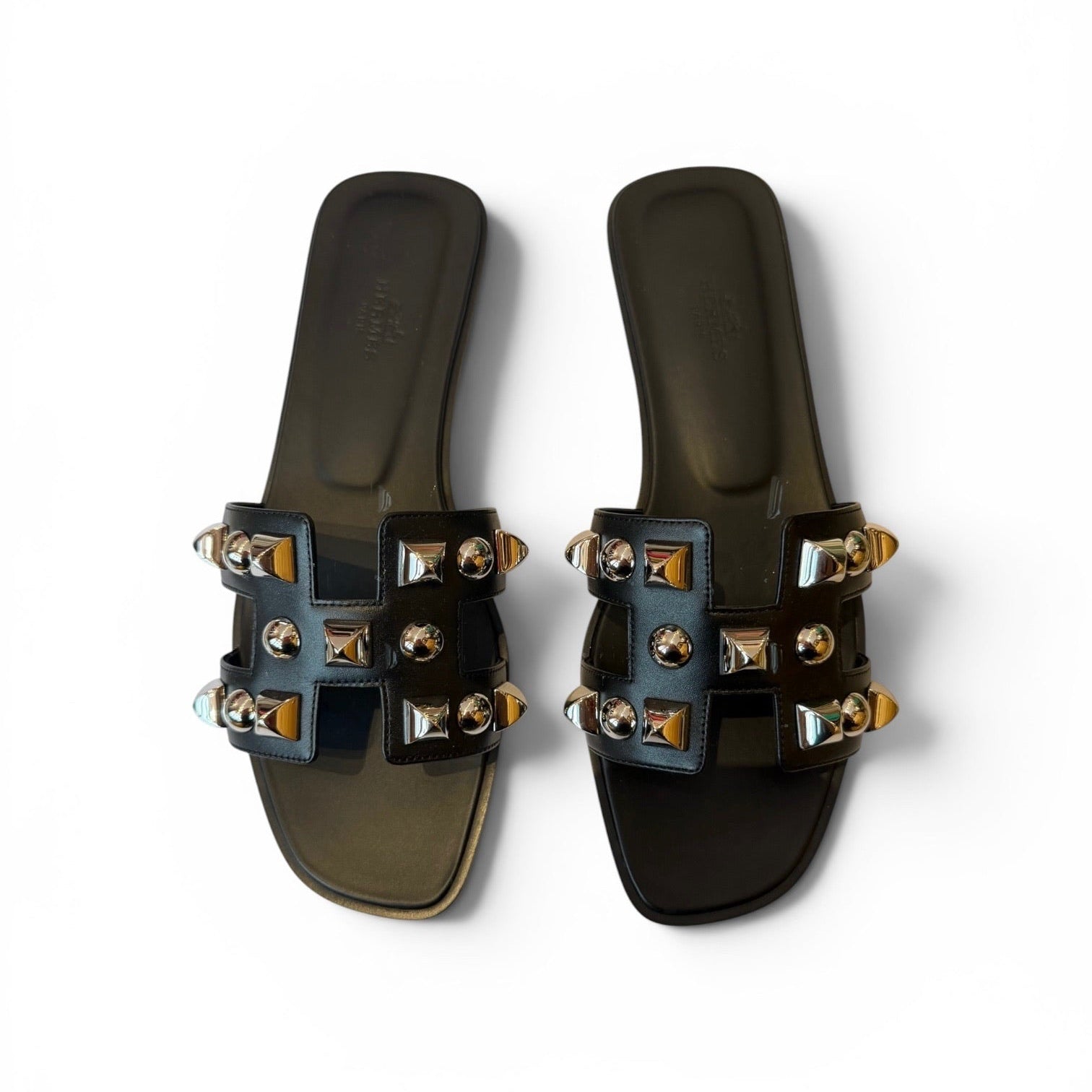 Hermès Oran Black Leather Studded Sandals