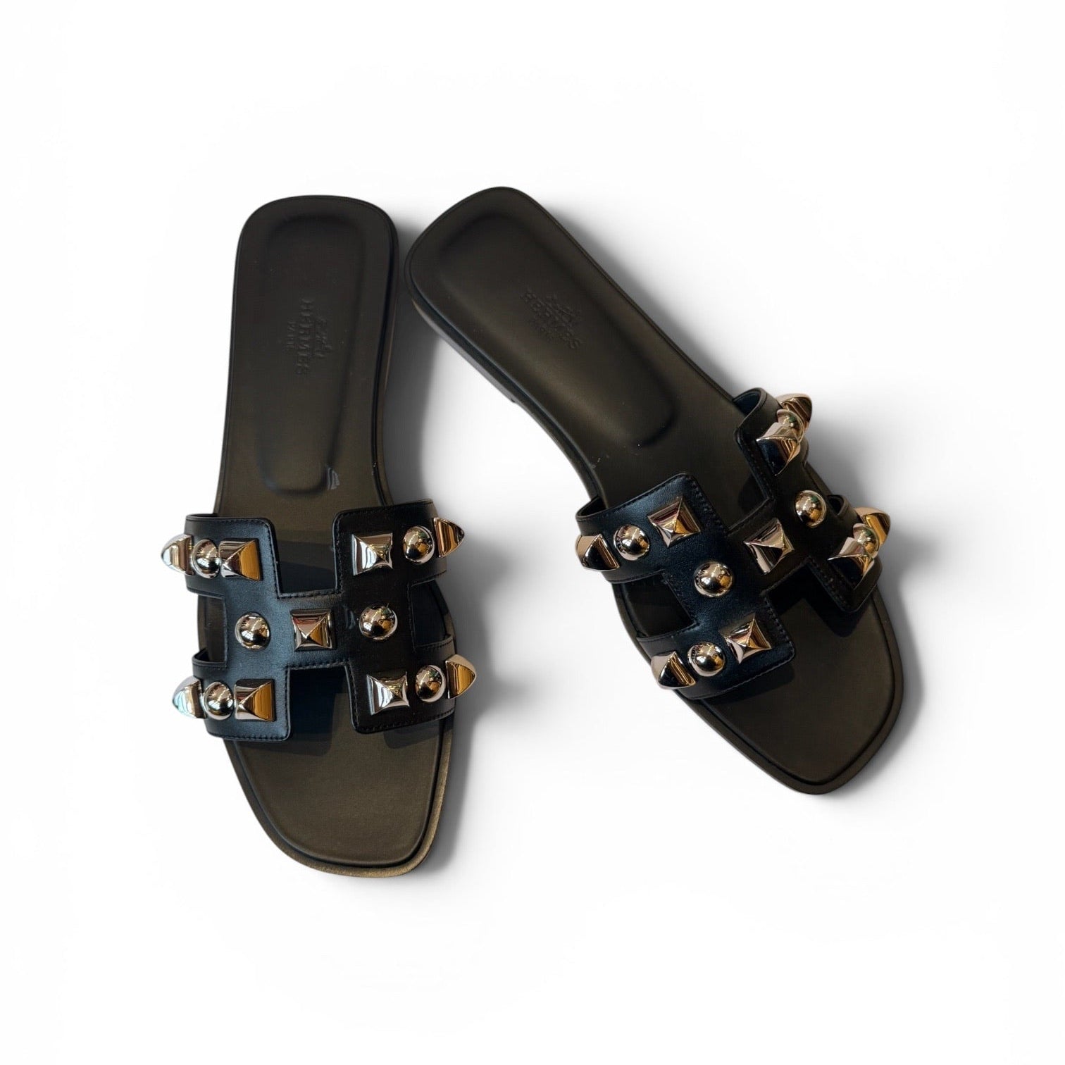 Hermès Oran Black Leather Studded Sandals