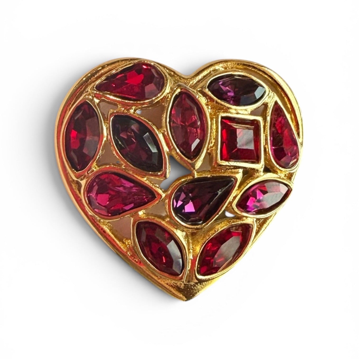Yves Saint Laurent Gold-Tone Multicolor Crystal Heart Brooch