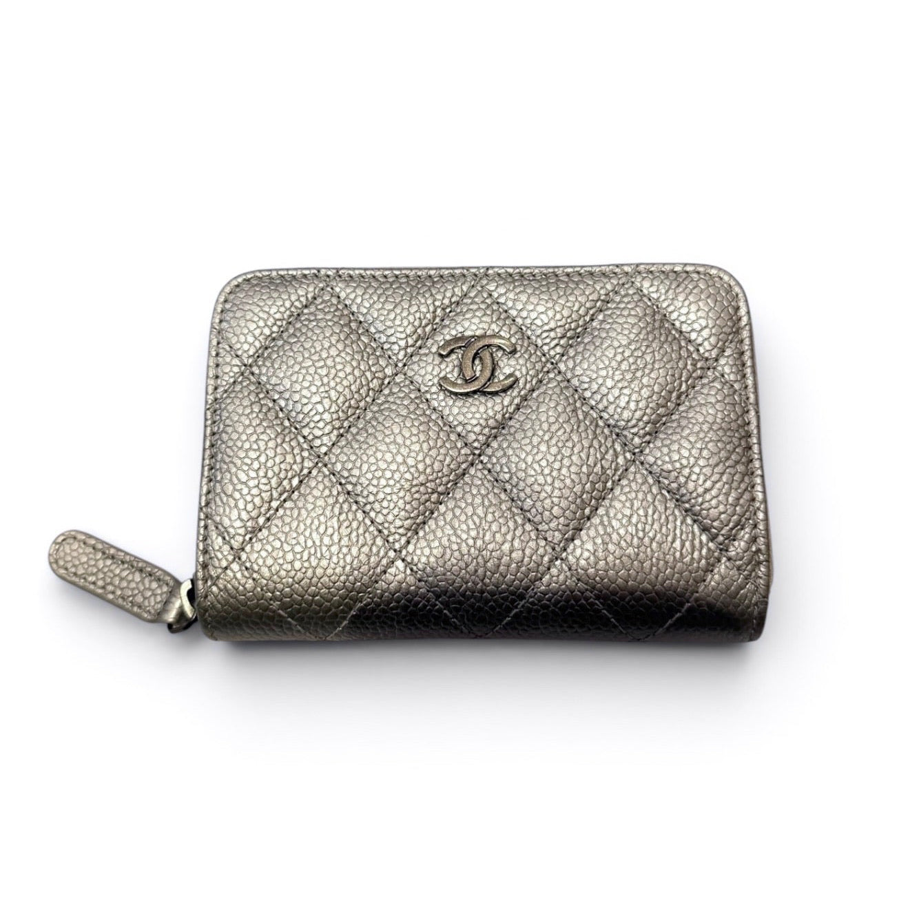 Chanel Silver Metallic Caviar Zip Coin Purse