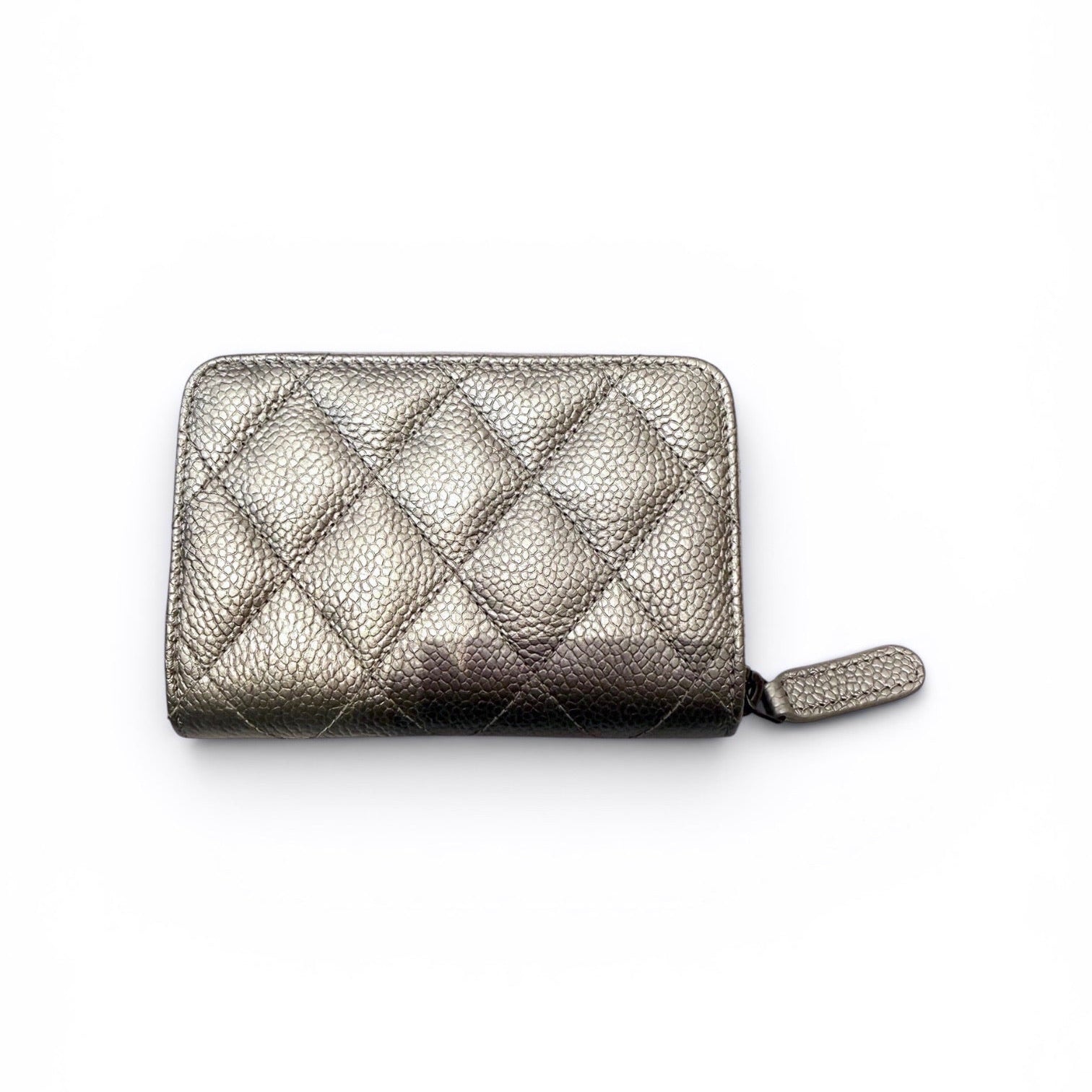 Chanel Silver Metallic Caviar Zip Coin Purse