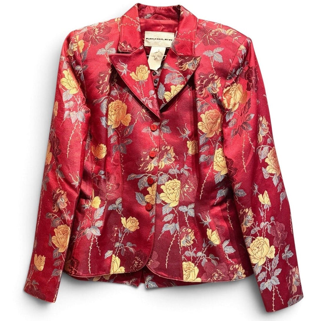 Mugler Red Satin Rose Brocade Three-Piece Set