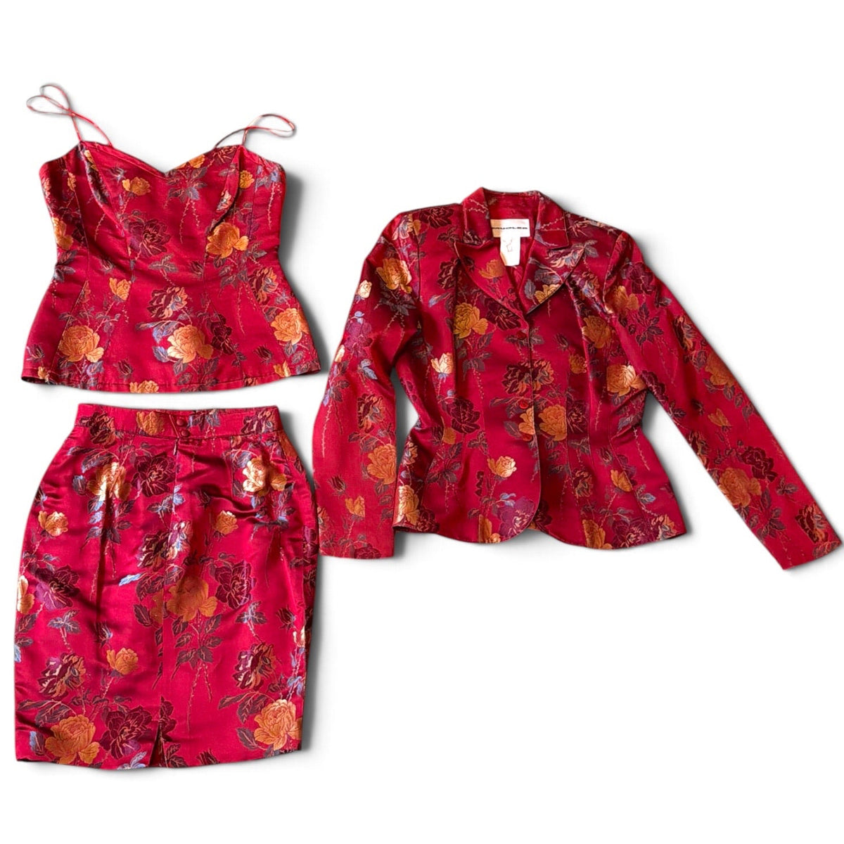 Mugler Red Satin Rose Brocade Three-Piece Set