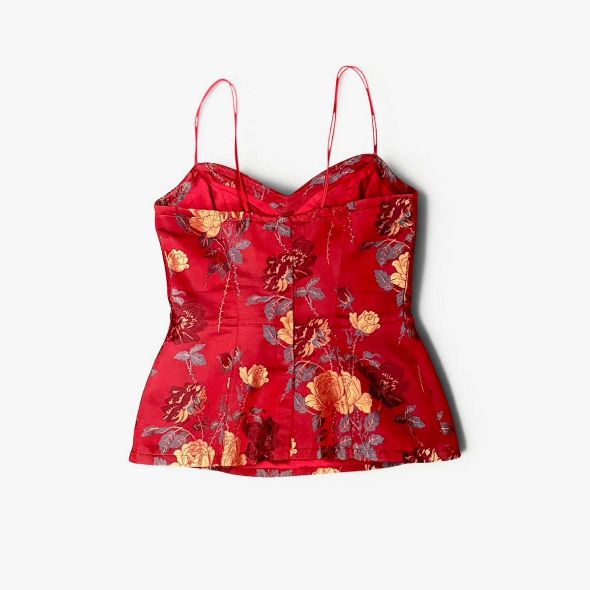 Mugler Red Satin Rose Brocade Bustier Top